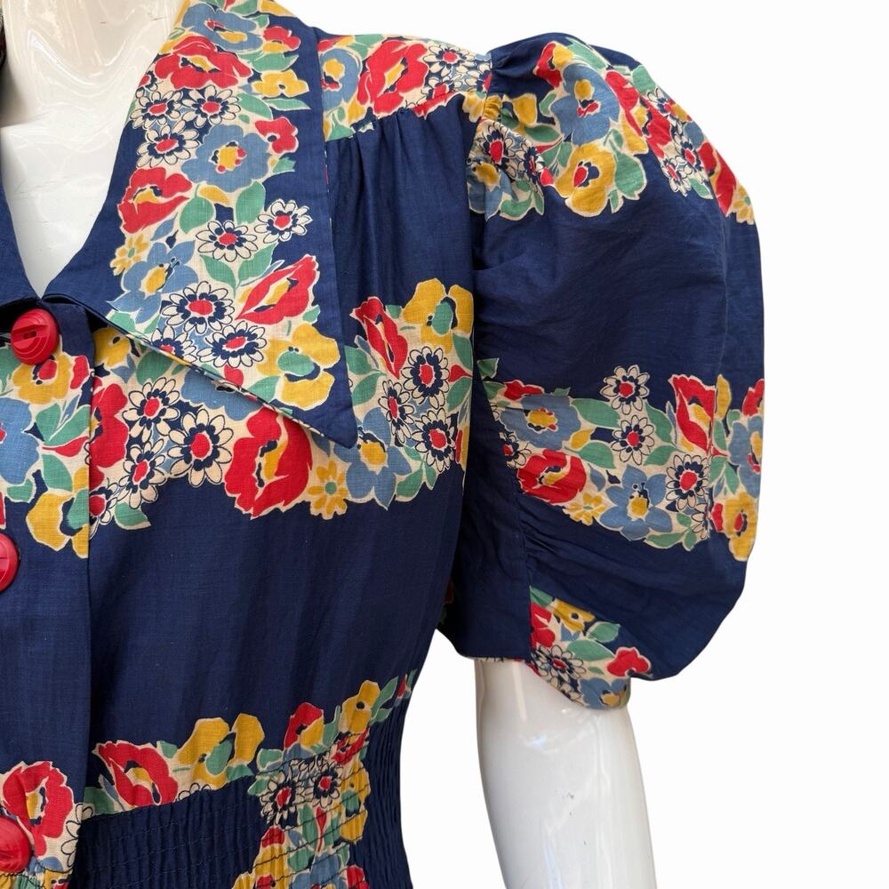 VTG 1940’s Extreme Puff Sleeve Maxi Dress Cotton Border Print Dagger Collar, L - Picture 7 of 14